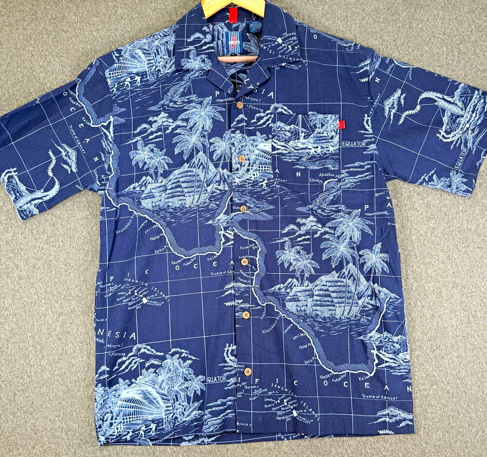 Jantzen Mens Small Navy Hawaiian Shirt Polynesia Map Tropical Cotton Rayon